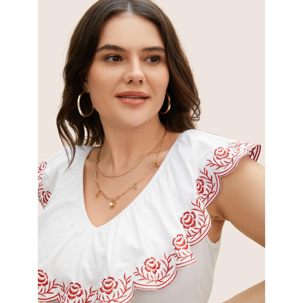 Plus Size Bandana Floral Embroidered Ruffle Trim Tank Top Women Originalwhite Resort Contrast V-neck Vacation Tank Tops Camis BloomChic 14-16/1X Product Image