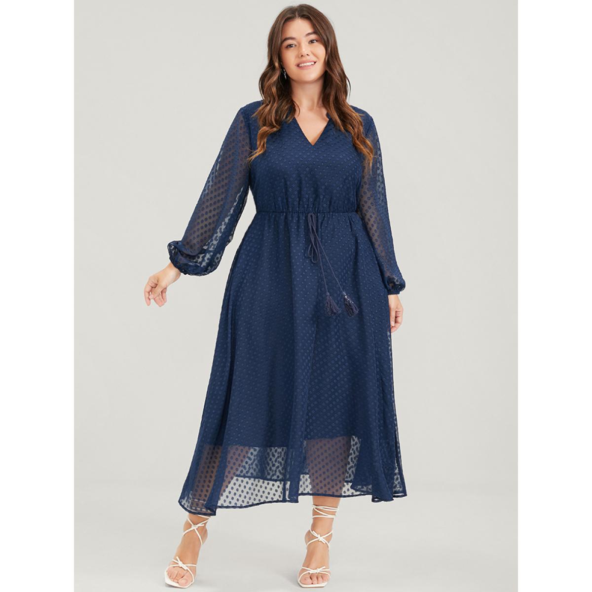 Plus Size Solid Geometric Mesh V Neck Lantern Sleeve Tie Dress Navy Women Glamour Heather V-neck Long Sleeve Curvy Midi Dress BloomChic 10/M Product Image