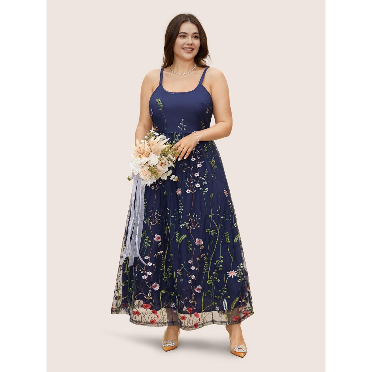 Plus Size U Neck Floral Embroidered Mesh Cami Dress DarkBlue Women Formal U-neck Sleeveless Curvy BloomChic 22-24/3X Product Image