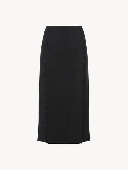 Scallop embroidered column skirt in fluid viscose Product Image