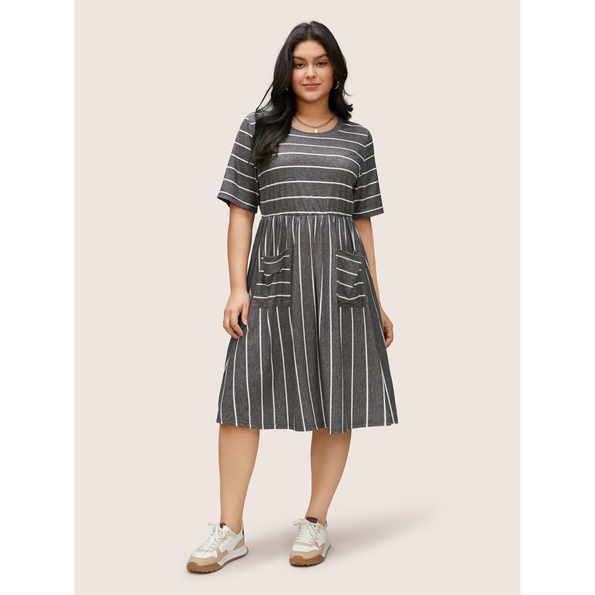 Plus Size Striped Patched Pocket Elastic Waist Dress DimGray Women Casual Non Round Neck Short sleeve Curvy Midi Dress BloomChic 14-16/1X Product Image