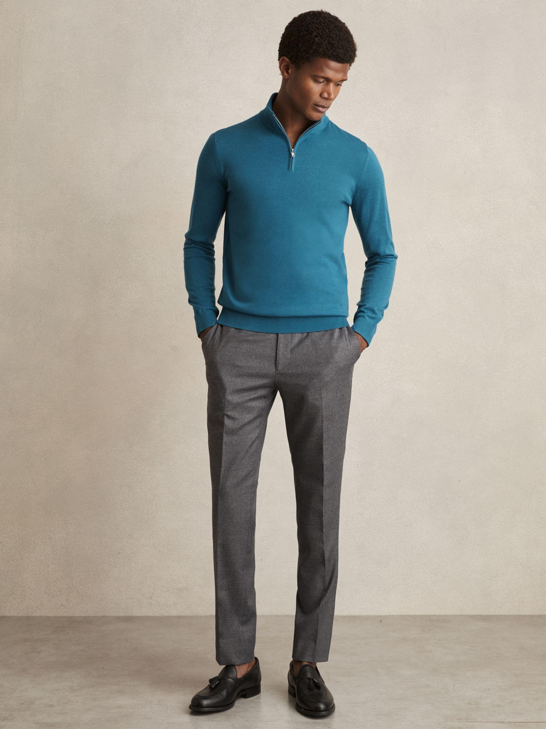 Merino Wool Half-Zip Funnel Neck Jumper in Deep Teal Blue Product Image
