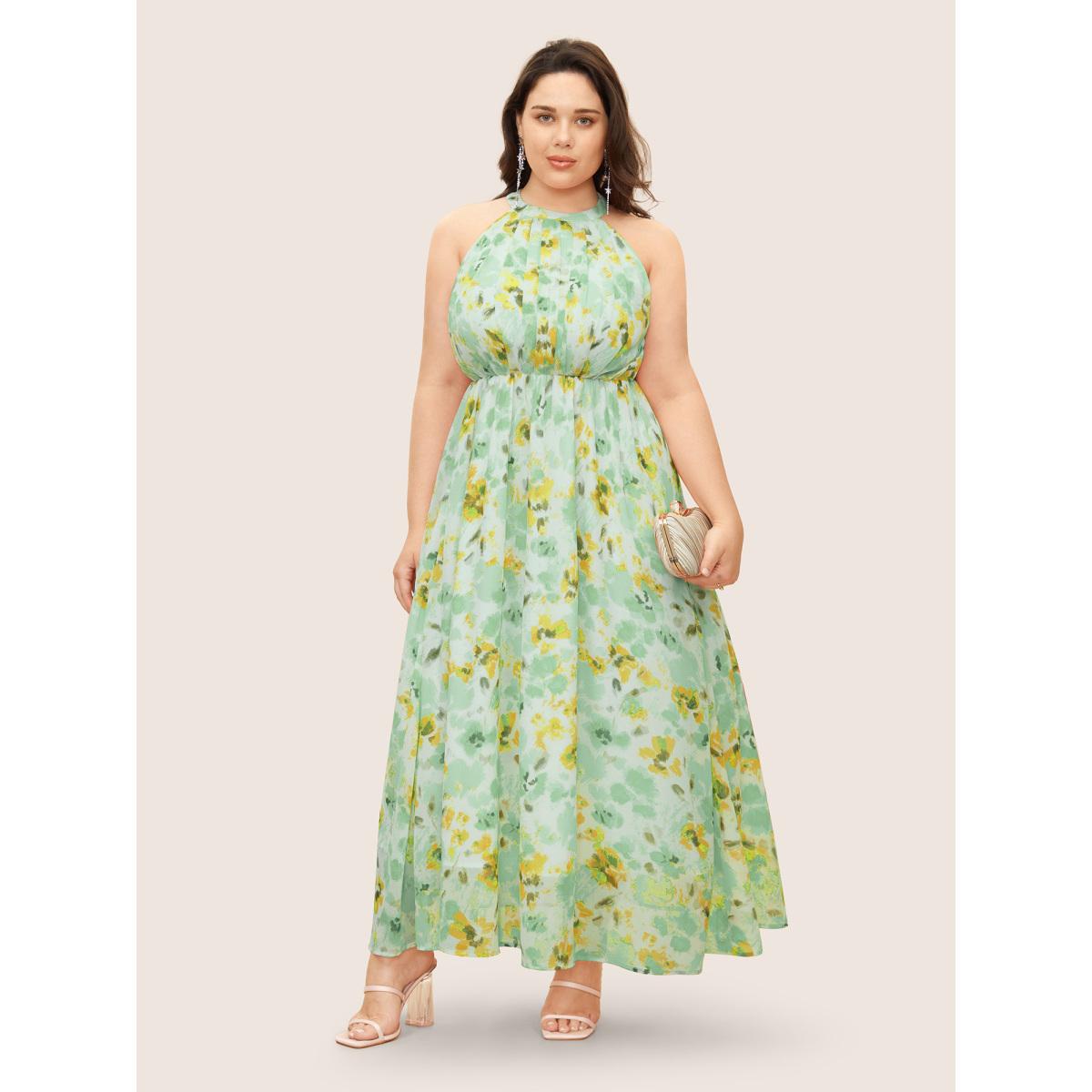 Plus Size Halter Neck Floral Pleated Pocket Dress Palemauve Women Formal Shirt collar Sleeveless Curvy BloomChic 10/M Product Image