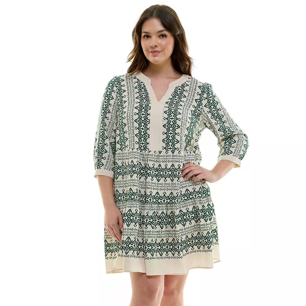 Plus Size Figueroa & Flower V-Neck Printed Baby Doll Dress, Women's, Size: 2XL, Cream Pink Product Image