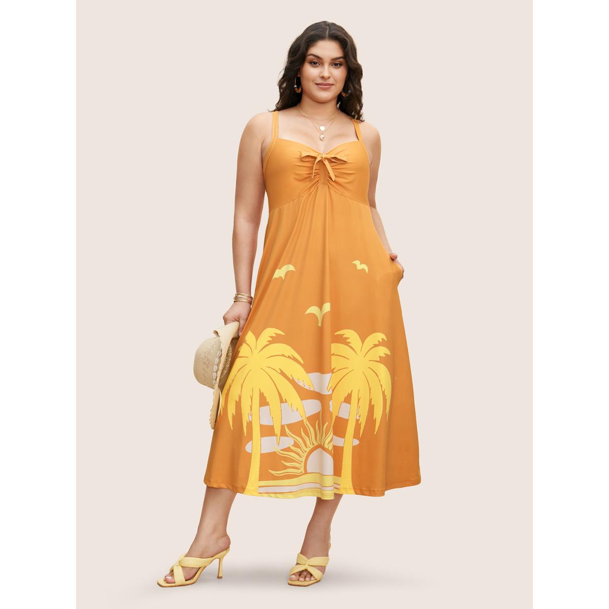 Plus Size Heart Neckline Tropical Print Tie Knot Midi Dress Turmeric Women Resort Tie knot Heart neckline Sleeveless Curvy BloomChic 28/5X Product Image