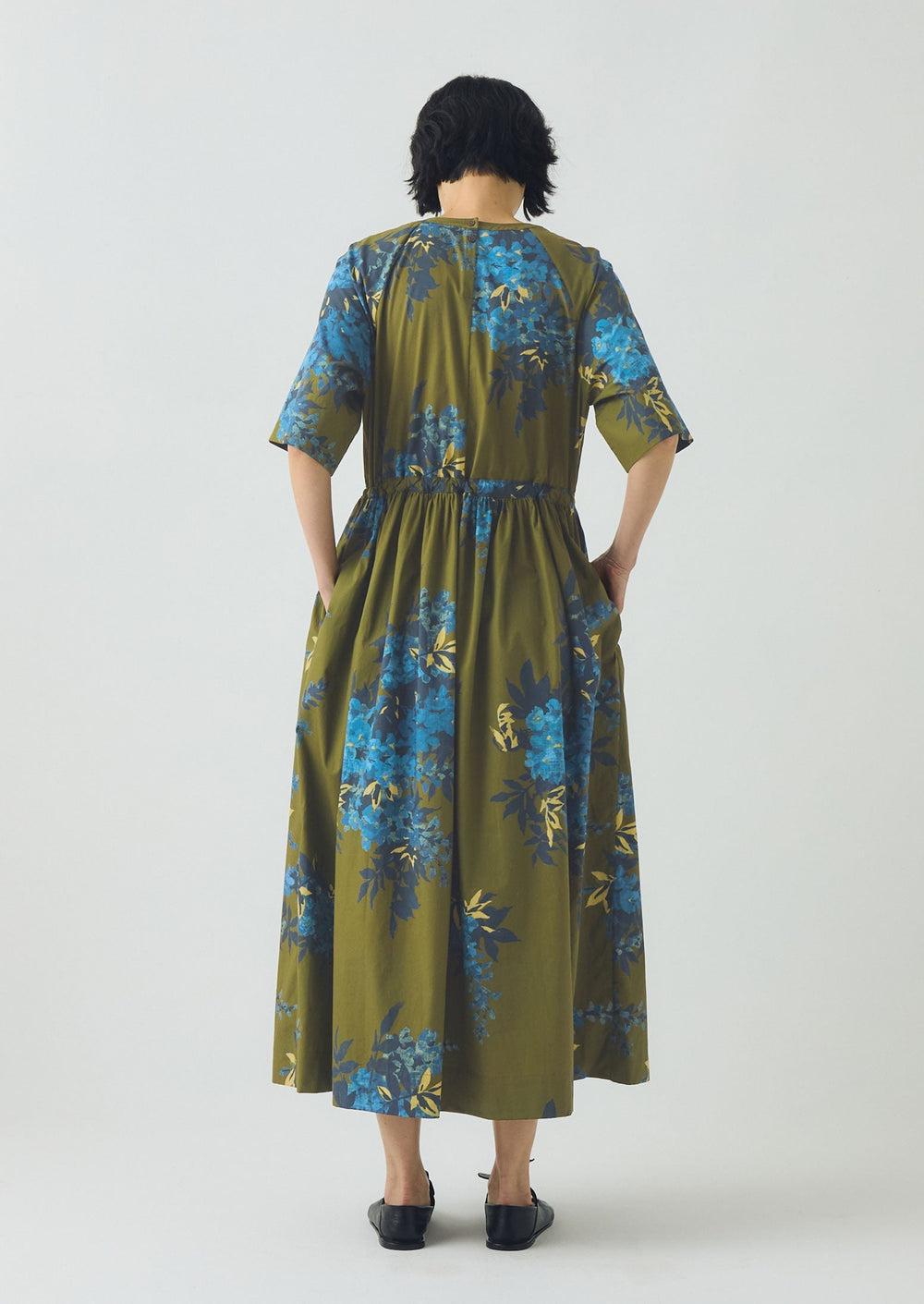 Botanical Shadow Print Cotton Dress | Olive Product Image