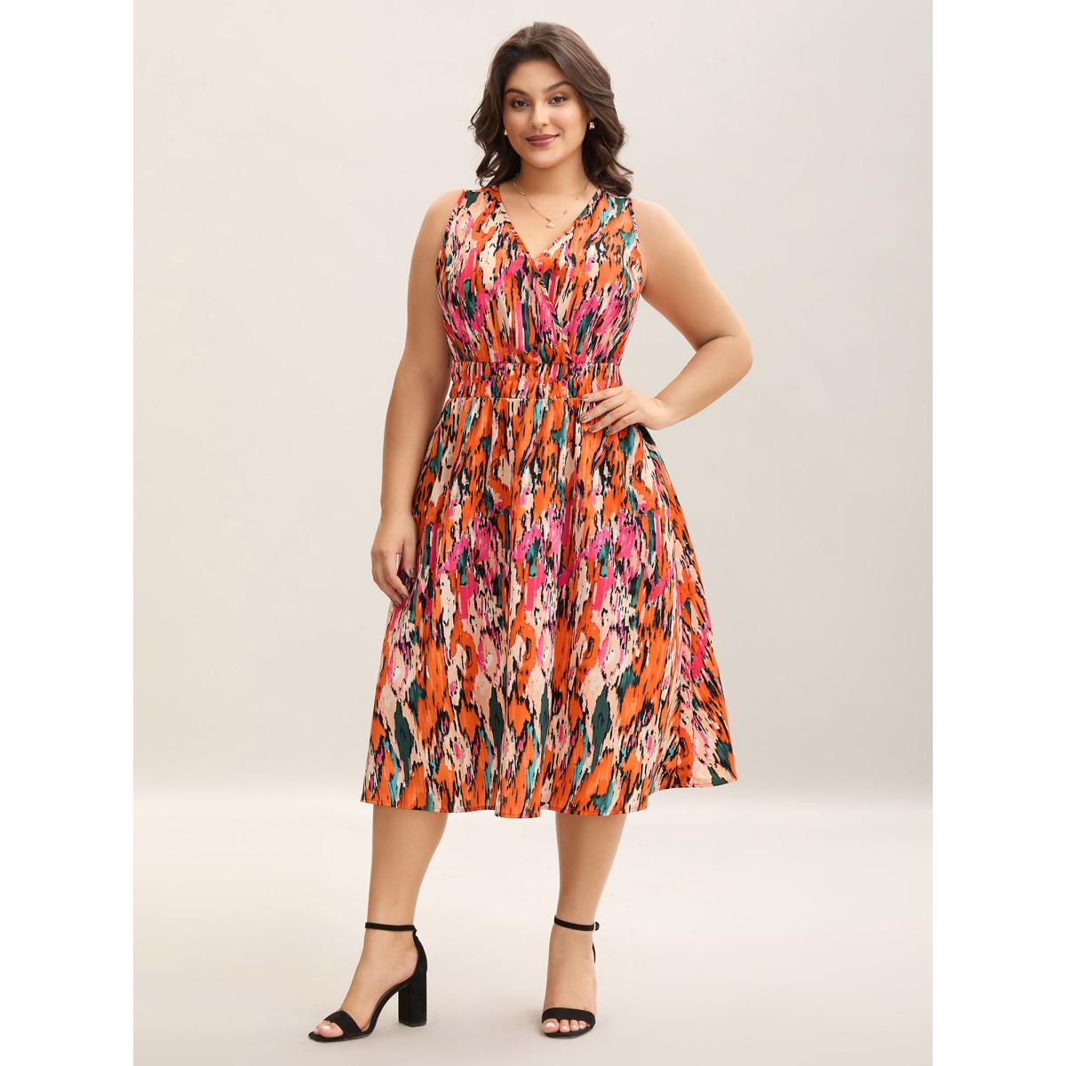 Plus Size Spring Fling Shirred Waist Pockets Midi Dress OrangeRed Women Overlap Collar Sleeveless Curvy BloomChic 30/6X Product Image