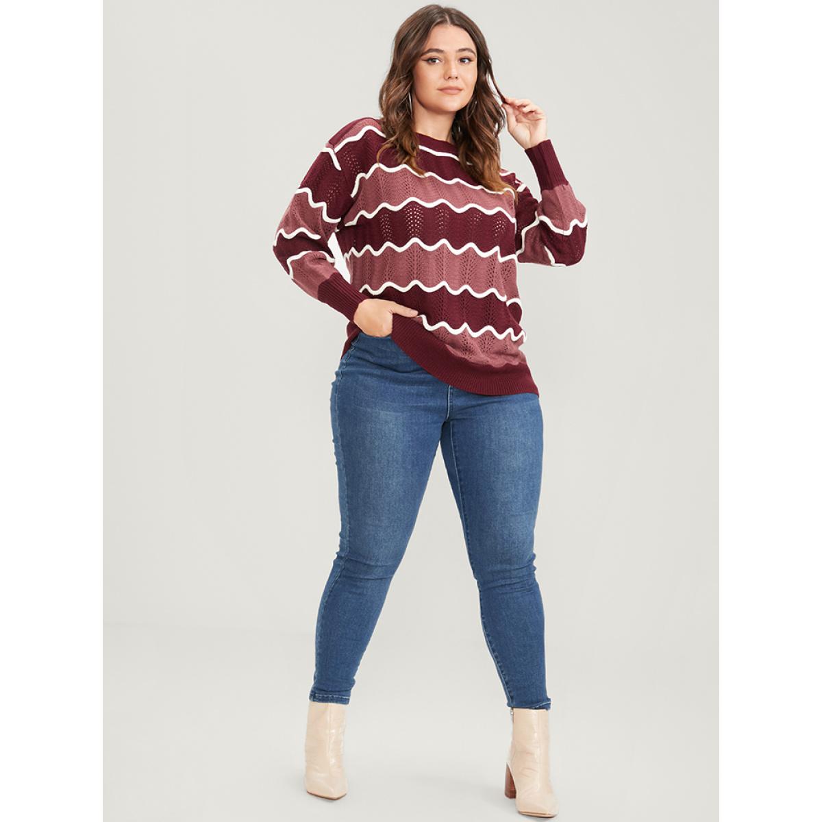 Plus Size Colorblock Contrast Pointelle Knit Water Ripple Knit Top Scarlet Women Elegant Long Sleeve Round Neck Dailywear Pullovers BloomChic 14-16/1X Product Image