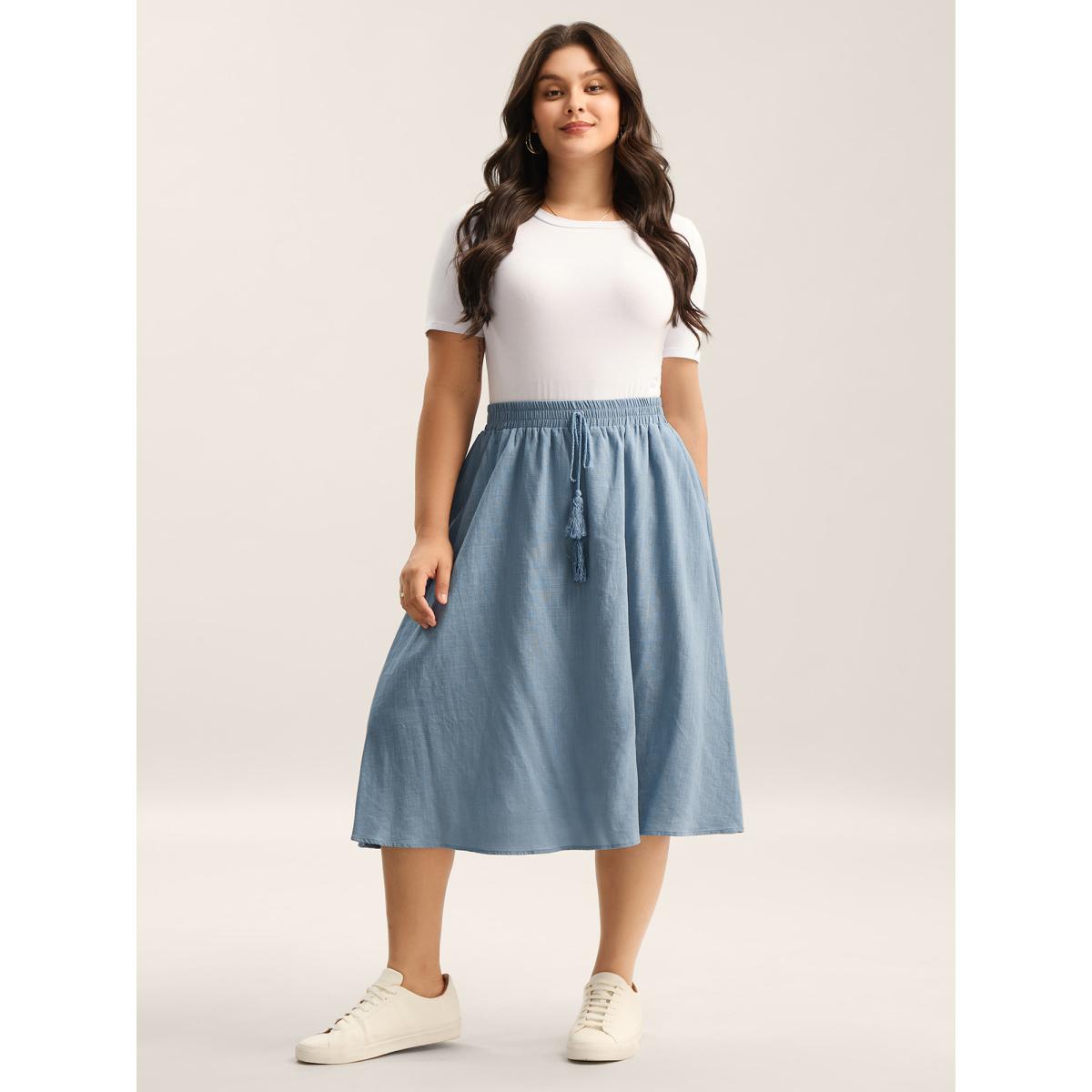 Plus Size Waist-Tie Tassel Plain Maxi Skirt Women Stone Loose No stretch Side seam pocket Everyday-Casual Skirts BloomChic 14-16/1X Product Image
