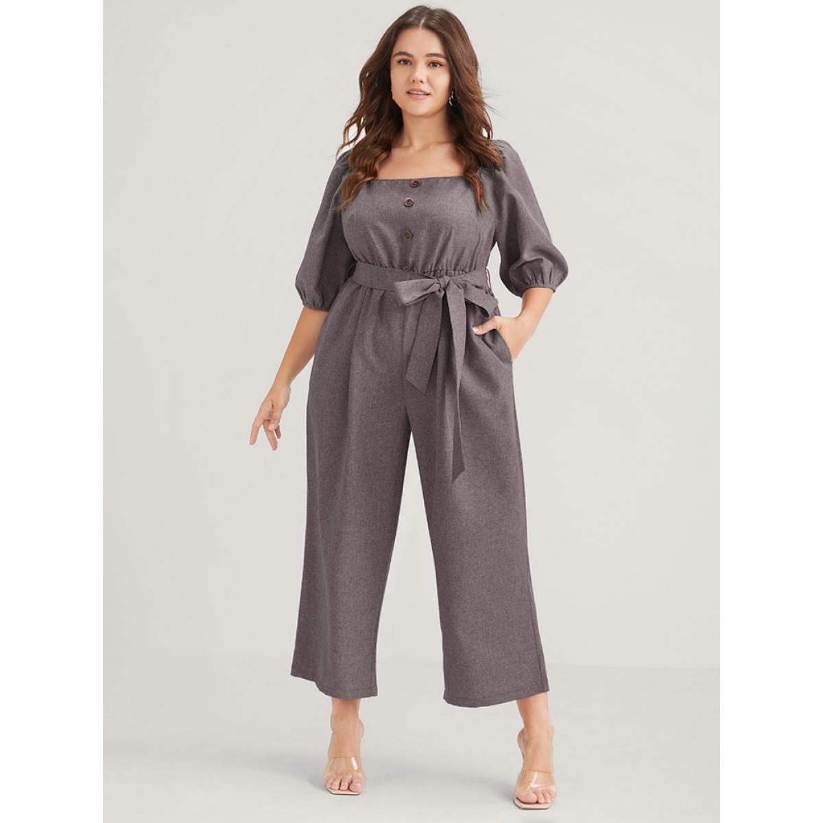 Plus Size Burgundy Plain Fake Button Pocket Puff Sleeve Square Neck Belted Jumpsuit Women Office Half Sleeve Square Neck Work Loose Jumpsuits BloomChic 22-24/3X Product Image