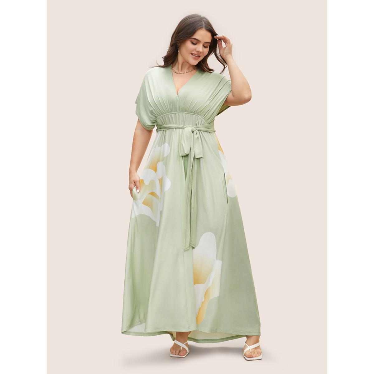 Plus Size Everywhere Dress - Floral Mesh Ties Dress Mint Women Elegant Belted Non Sleeveless Curvy BloomChic 18-20/2X Product Image