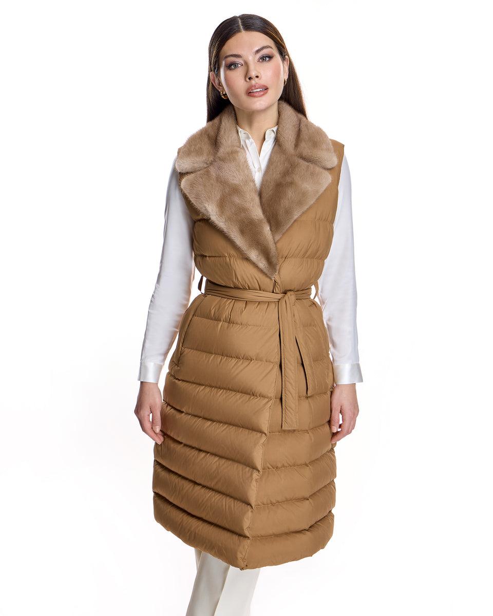 Belted Polyester Vest with Natural Mink Collar Product Image