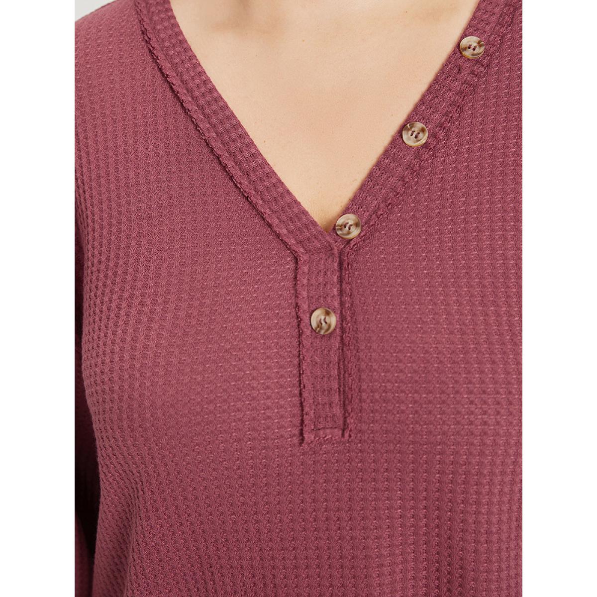 Plus Size Waffle Knit Button Detail V Neck T-shirt Russet Women Casual Elastic cuffs Plain V-neck Dailywear T-shirts BloomChic 14-16/1X Product Image