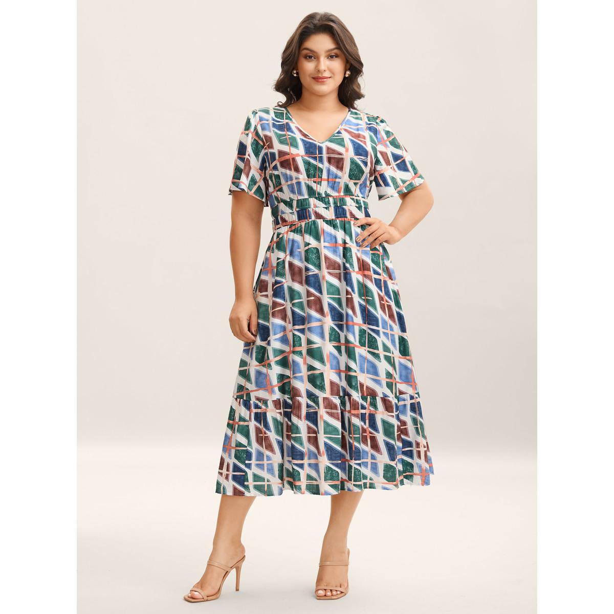 Plus Size Abstract Print Stretchy Waist Midi Dress Multicolor Women V-neck Short sleeve Curvy BloomChic 12/L Product Image