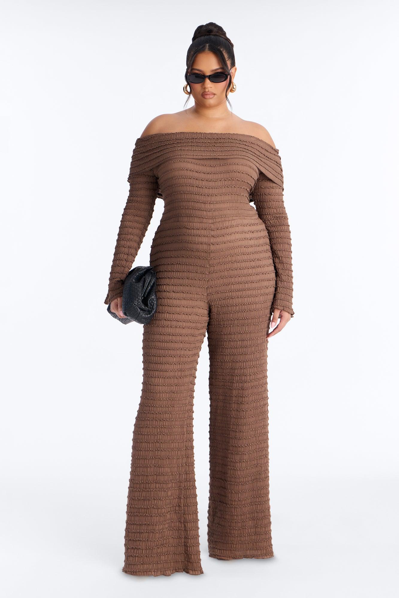 Francesca Textured Off Shoulder Jumpsuit - Chocolate Female Product Image