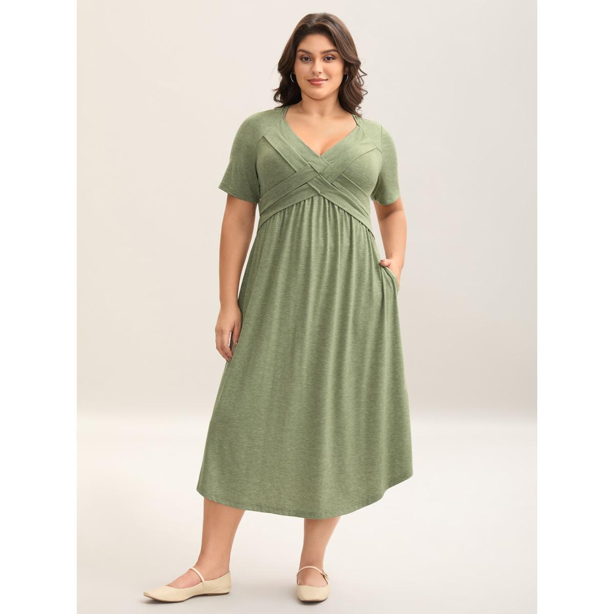 Plus Size Crossover Bodice Stretchy Heather Midi Dress Sage Women Knit Dresses Bloomchic 30/6X Product Image