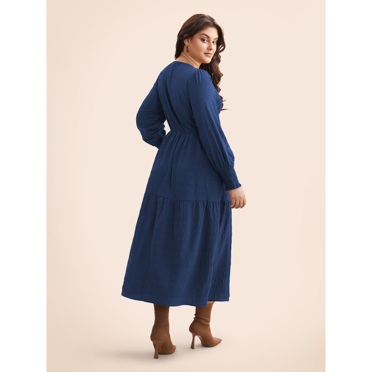 Plus Size Plain Textured Shirred Midi Dress Moss Women Timeless Texture Round Neck Long Sleeve Curvy BloomChic 30/6X Product Image