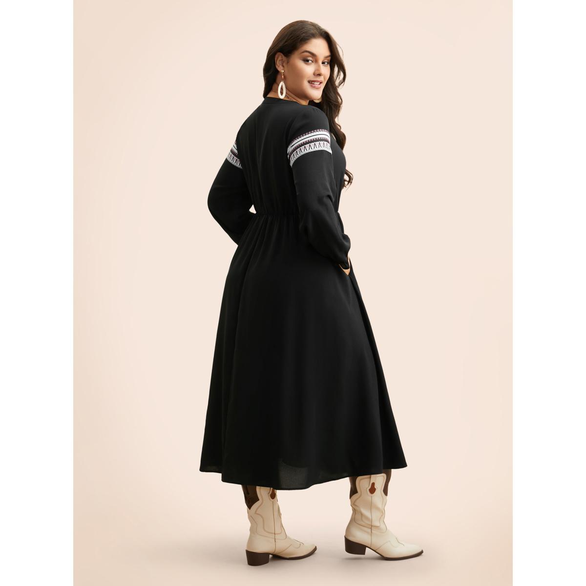 Plus Size Bandana Tie Knot Lantern Sleeve Dress Black Women Resort Woven ribbon&lace trim Flat collar with V-notch Long Sleeve Curvy BloomChic 18-20/2X Product Image