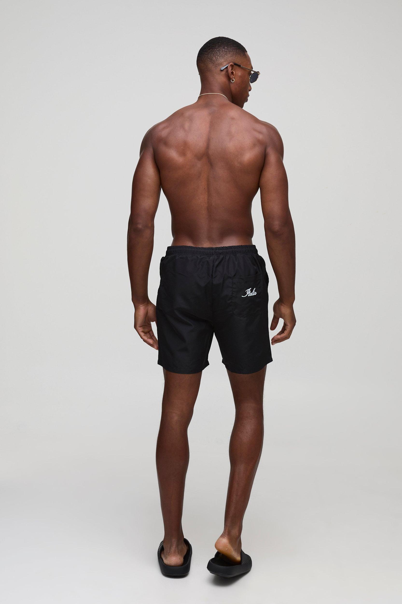 Mid Length Embroidered Stripe Swim Short | boohooMAN USA Product Image