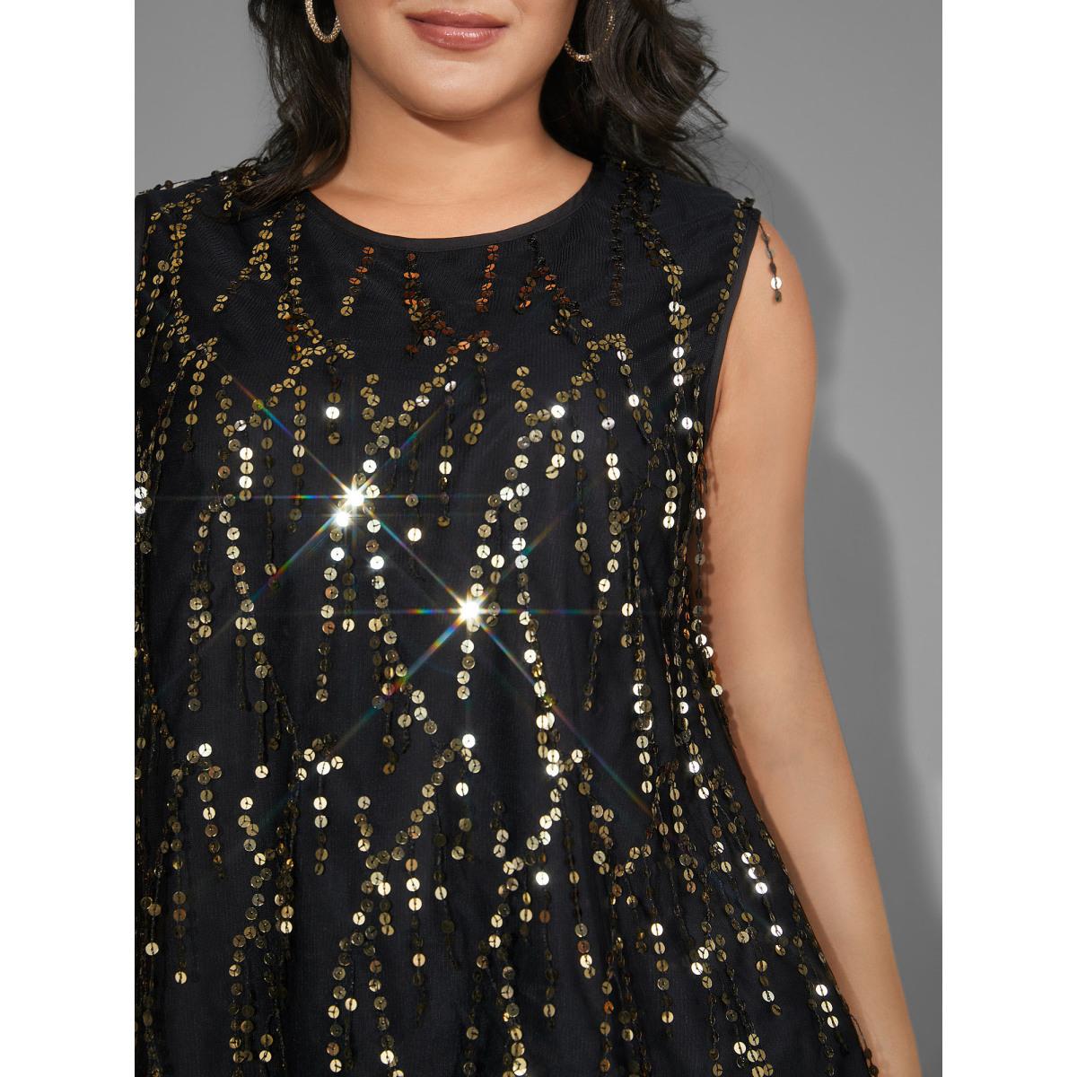 Plus Size Sequin Mesh Tassel Trim Tank Top Women Black Elegant Tassels Round Neck Everyday Tank Tops Camis BloomChic 14-16/1X Product Image