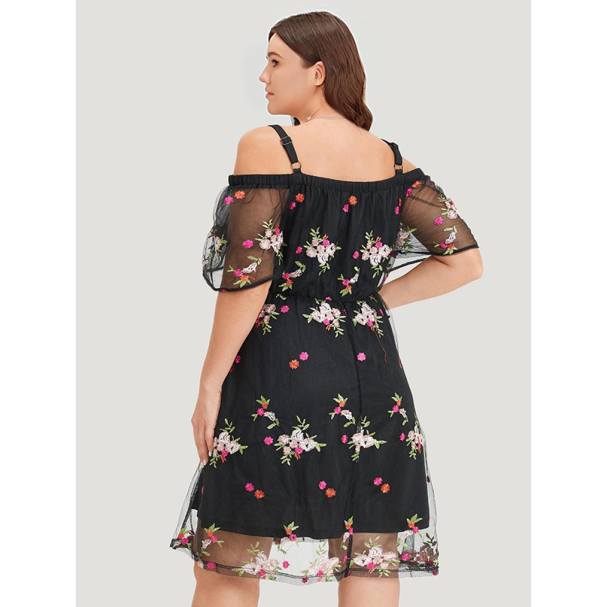 Plus Size Floral Embroidered Cold Shoulder Mesh Cami Dress Black Women Glamour Lined Spaghetti Strap Short sleeve Curvy Knee Dress BloomChic 30/6X Product Image