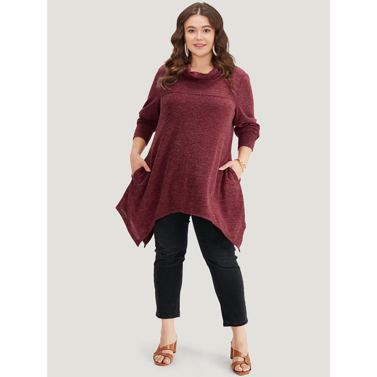 Plus Size Solid Turtleneck Pocket Hanky Hem Sweatshirt Women Scarlet Elegant Elastic cuffs Overlap Collar Dailywear Sweatshirts BloomChic 18-20/2X Product Image