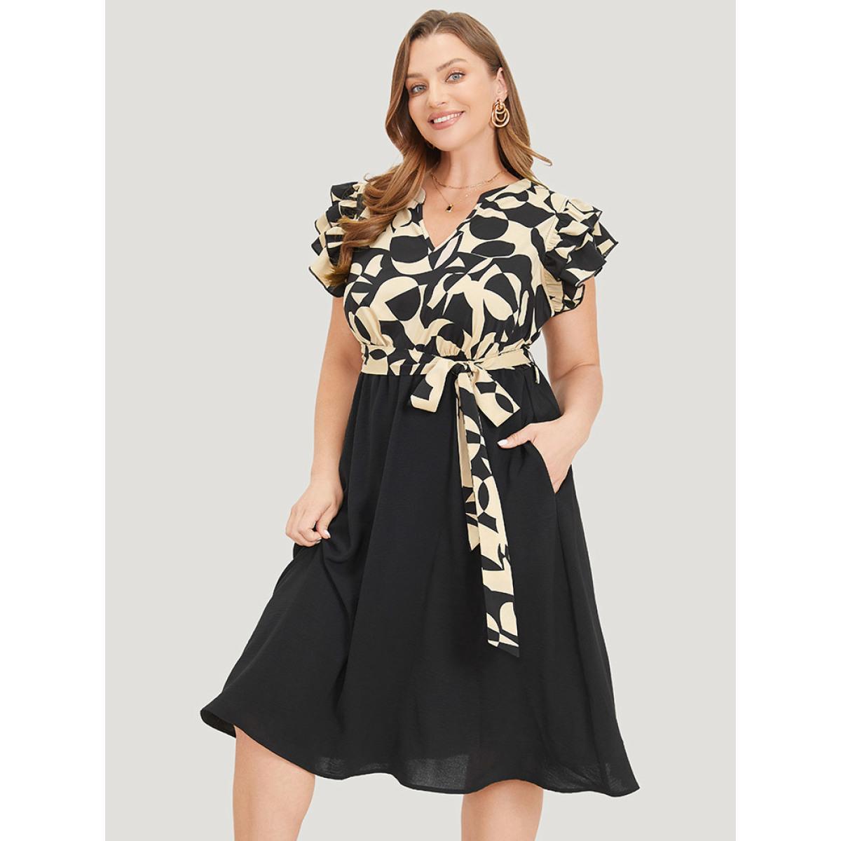 Plus Size Geometric Pocket Belted Ruffle Sleeve Notched Dress Tan Women Office Plain Notched collar Cap Sleeve Curvy Midi Dress BloomChic 30/6X Product Image