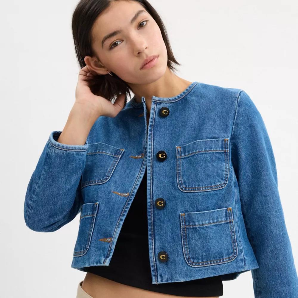 Collarless Denim Jacket In Organic Cotton Product Image