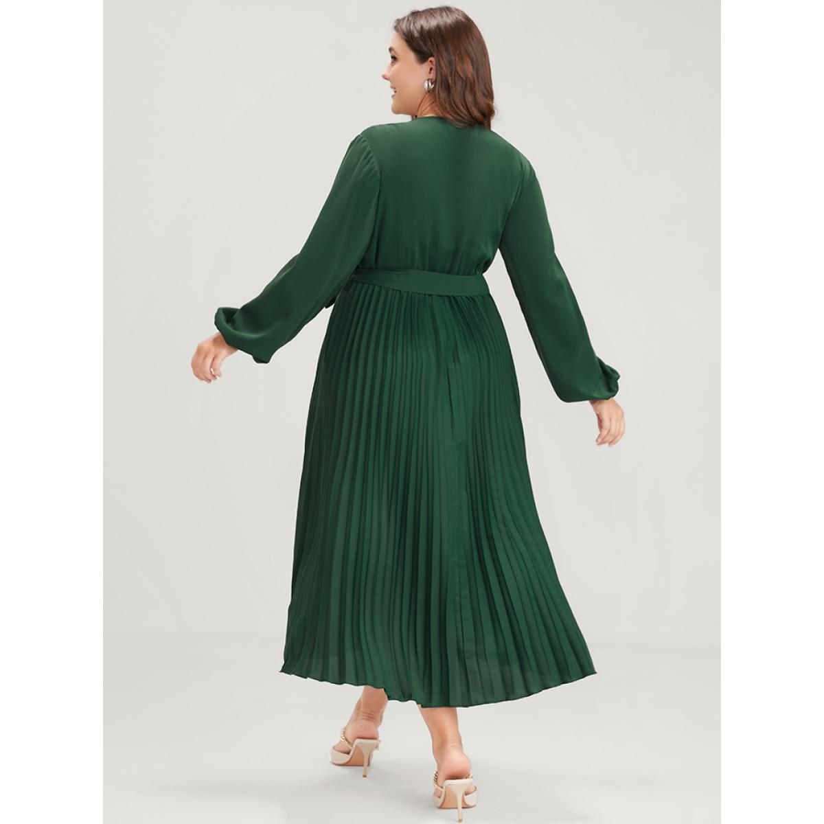 Plus Size Solid Lantern Sleeve Belted Pleated Wrap Dress DarkGreen Women Leisure Plain V-neck Long Sleeve Curvy Midi Dress BloomChic 10/M Product Image