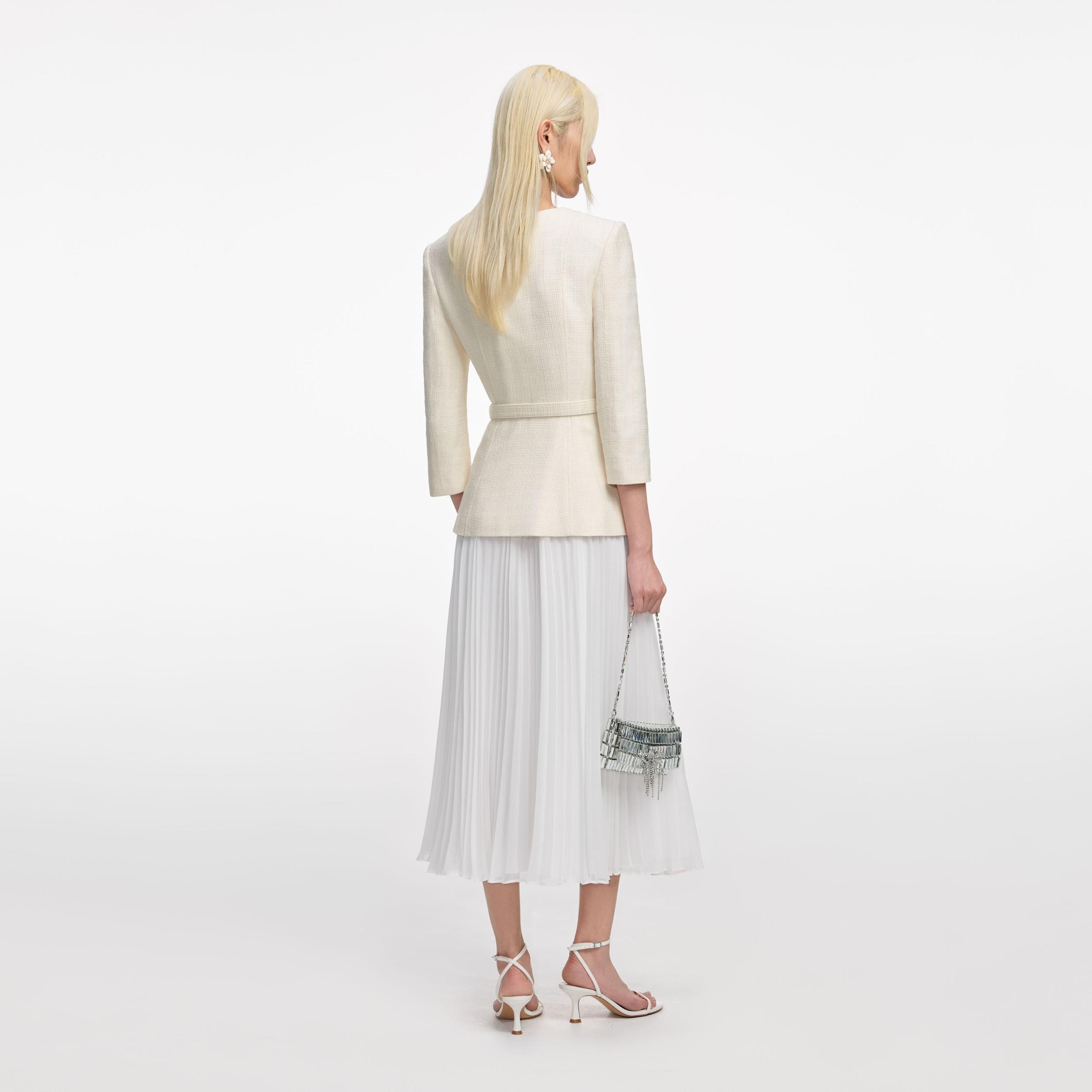 Cream Boucle Long Sleeve Chiffon Midi Dress Product Image