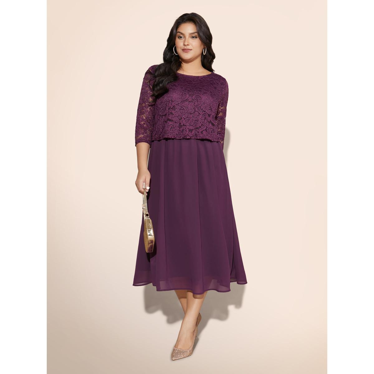 Plus Size Round Neck Crochet Lace Mesh Dress Deeppurplered Women Cocktail Woven ribbon&lace trim Round Neck Elbow-length sleeve Curvy BloomChic 26/4X Product Image