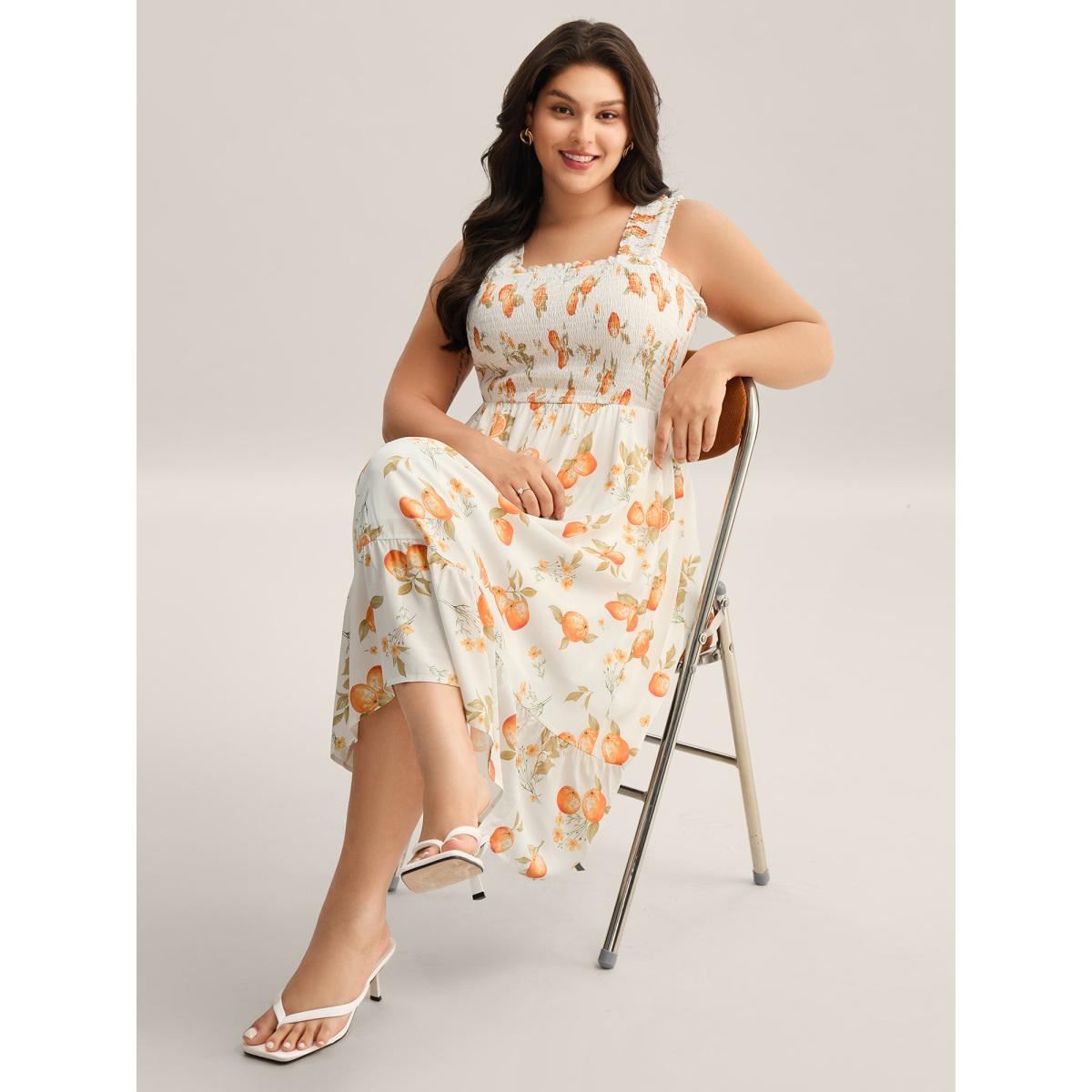 Plus Size Citrus Print Shirred Pockets Midi Dress Originalwhite Women Timeless Non Sleeveless Curvy BloomChic 12/L Product Image