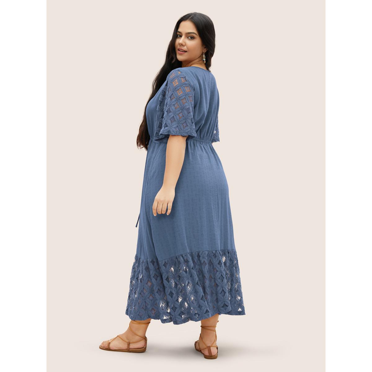 Plus Size Crochet Lace Mesh Button Detail Drawstring Dress DarkBlue Women Resort Tie knot V-neck Half Sleeve Curvy Midi Dress BloomChic 10/M Product Image