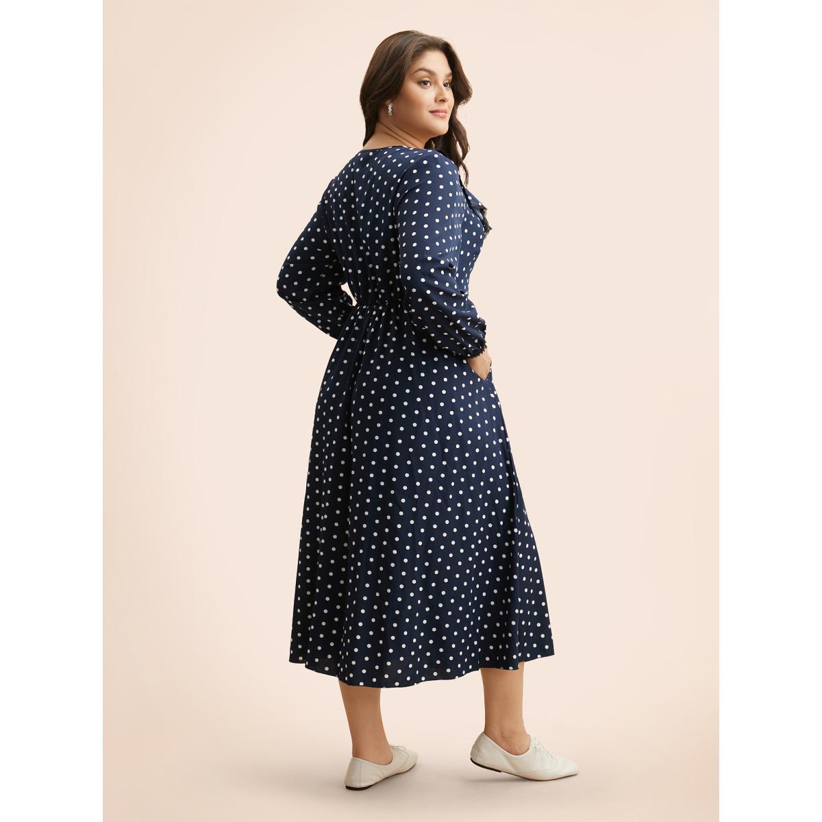 Plus Size Polka Dot Ruffle Trim Midi Dress DarkBlue Women Elegant Ruffles V-neck Long Sleeve Curvy BloomChic 18-20/2X Product Image