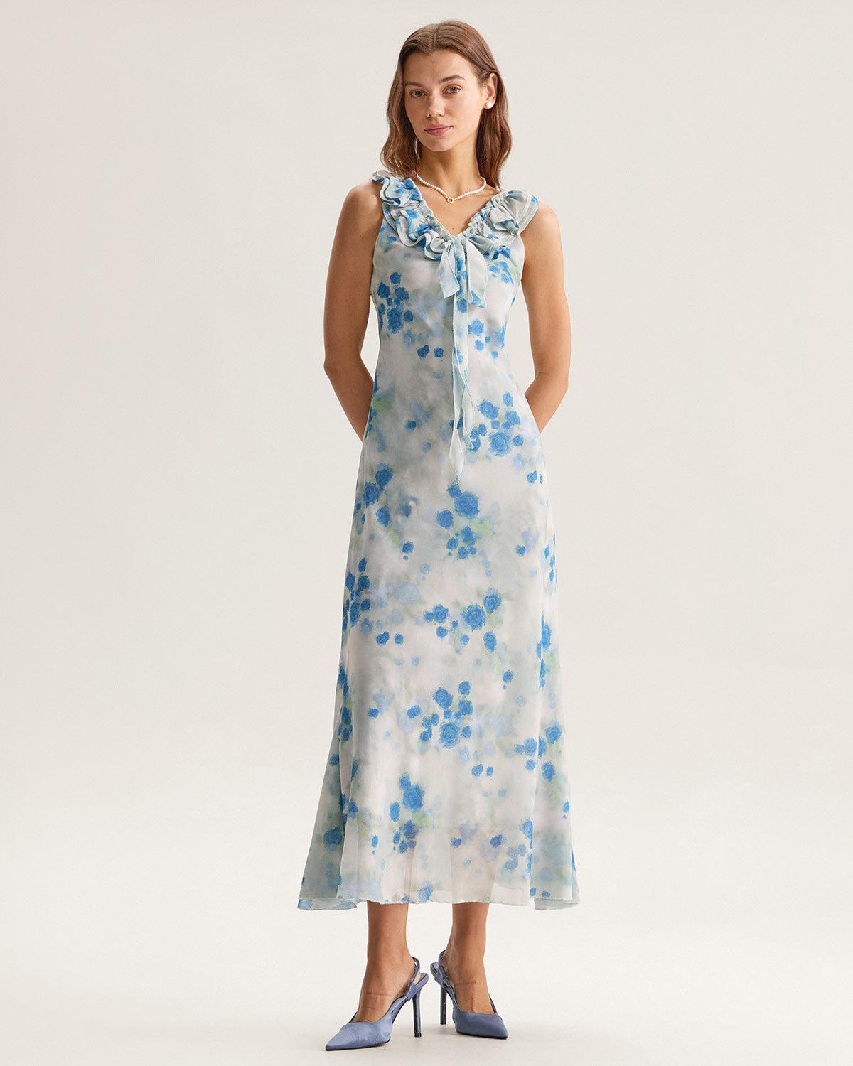 Blue Floral Ruffle V Neck Sleeveless Midi Dress Product Image