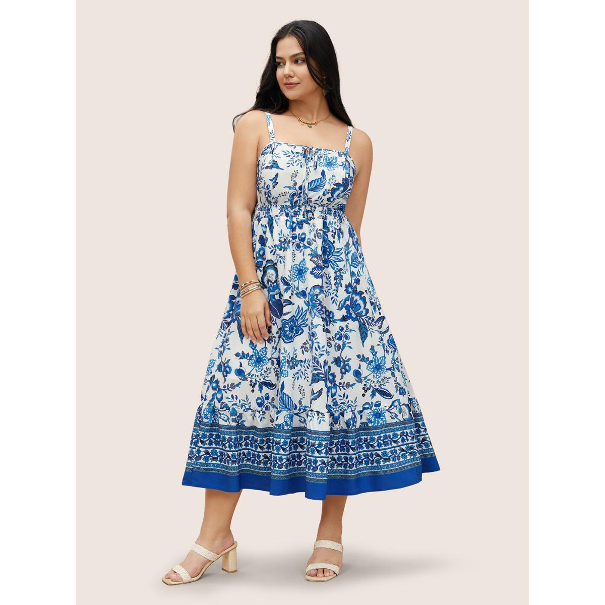Plus Size Boho Print Tie Knot Shirred Cami Dress Blue Women Resort Tie knot Non Sleeveless Curvy Midi Dress BloomChic 14-16/1X Product Image