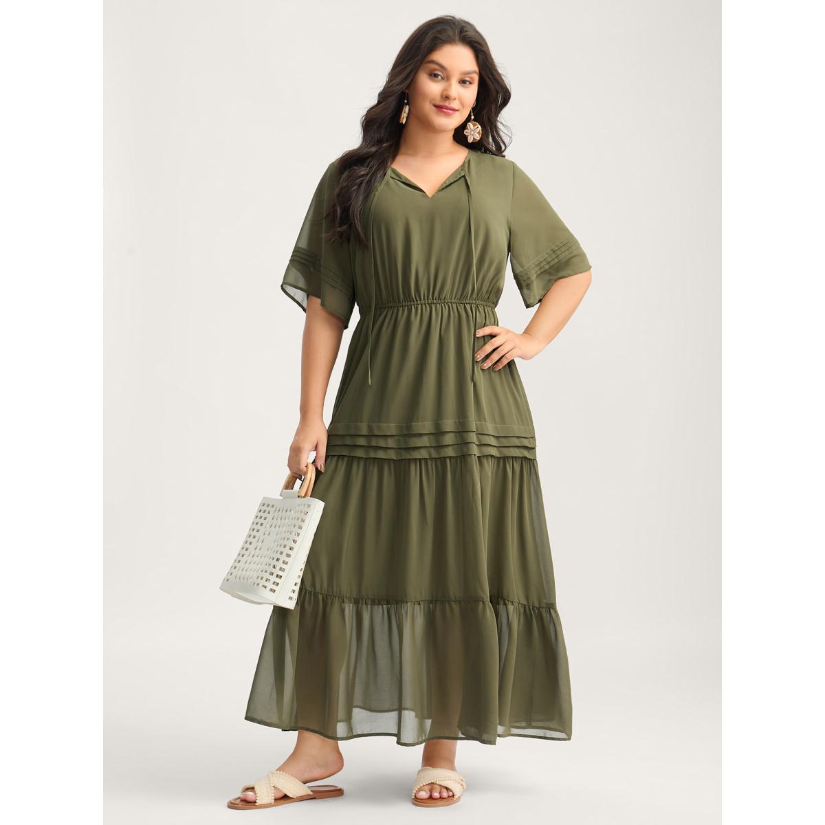 Plus Size Pleated Neck-Tie Tiered Solid Midi Dress ArmyGreen Women Flat collar with V-notch Long Sleeve Curvy BloomChic 18-20/2X Product Image