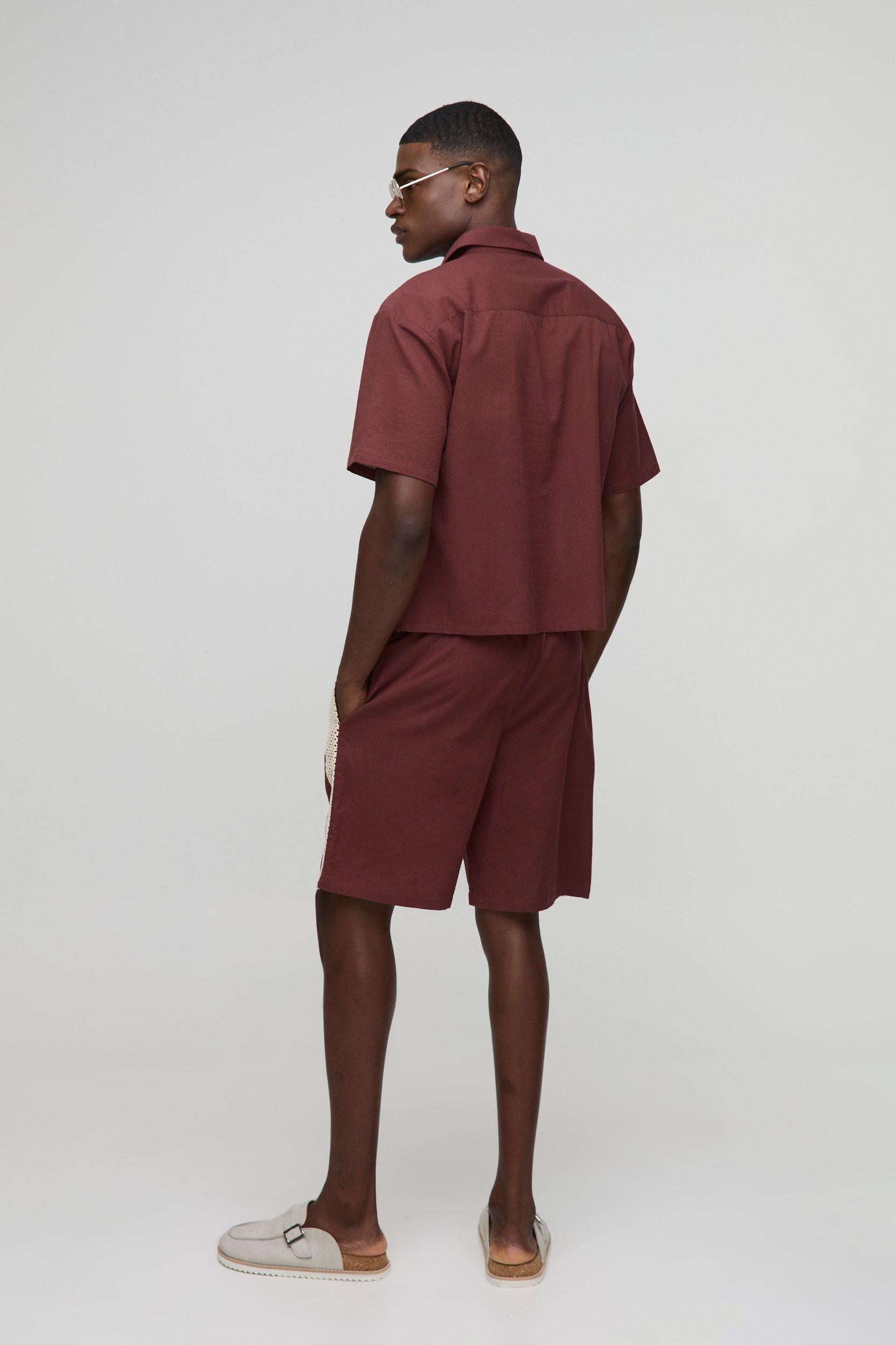 Oversized Boxy Linen Look Open Weave Pocket Shirt & Relaxed Panel Short | boohooMAN USA Product Image