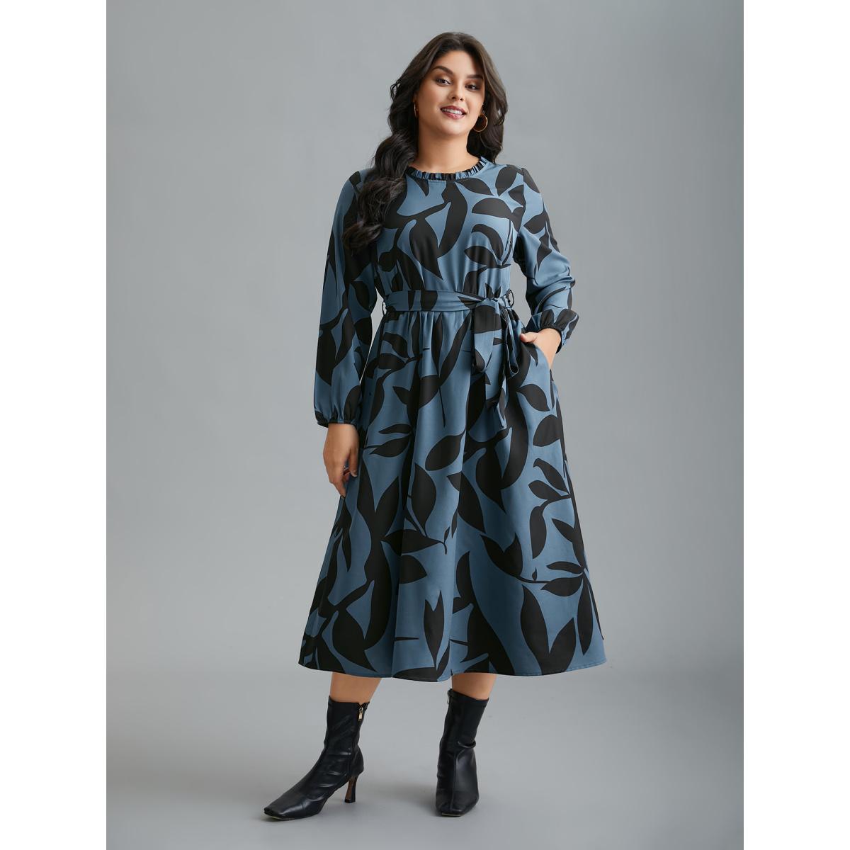 Plus Size Silhouette Floral Print Frill Trim Dress Aegean Women Elegant Belted Round Neck Long Sleeve Curvy BloomChic 14-16/1X Product Image