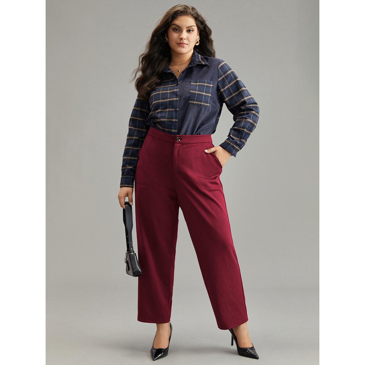 Plus Size Plain Elastic Waist Pocket Mid Rise Pants Women Scarlet Office Mid Rise Office Pants BloomChic 14-16/1X Product Image
