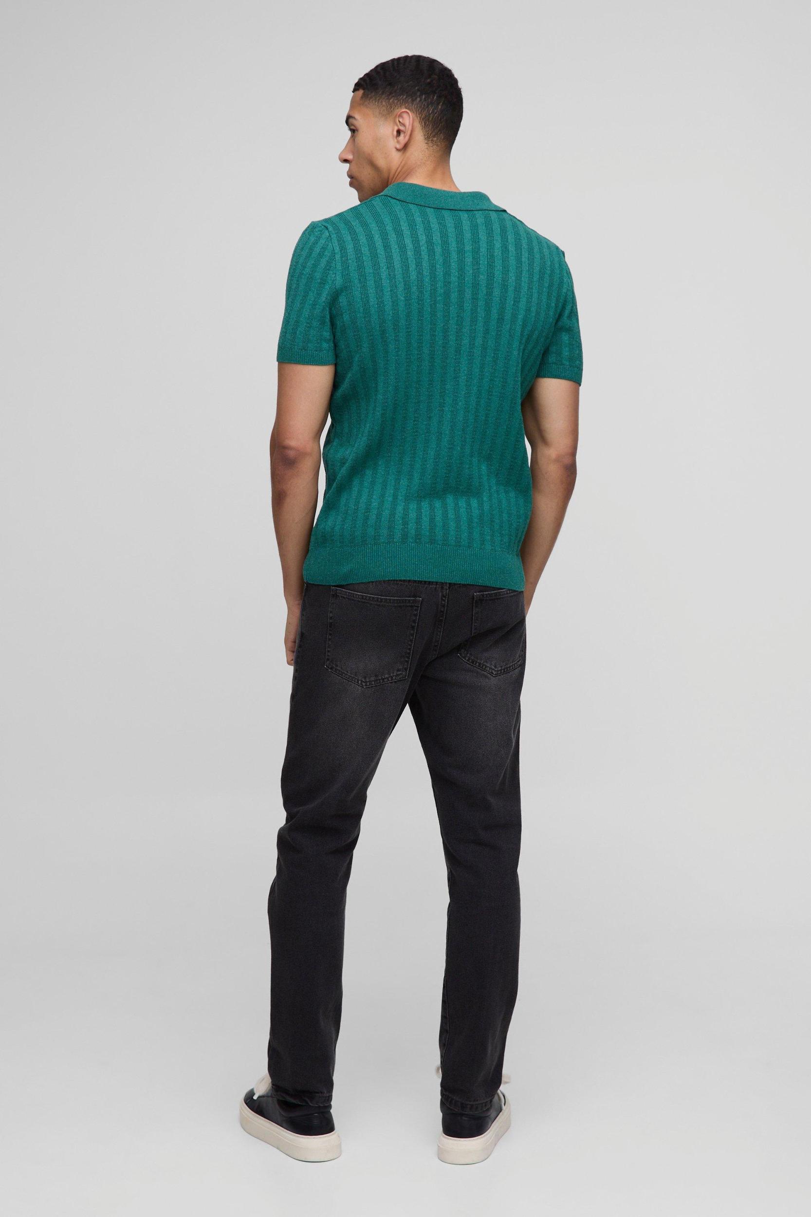 Regular Ribbed Panel Knitted Polo | boohooMAN USA Product Image