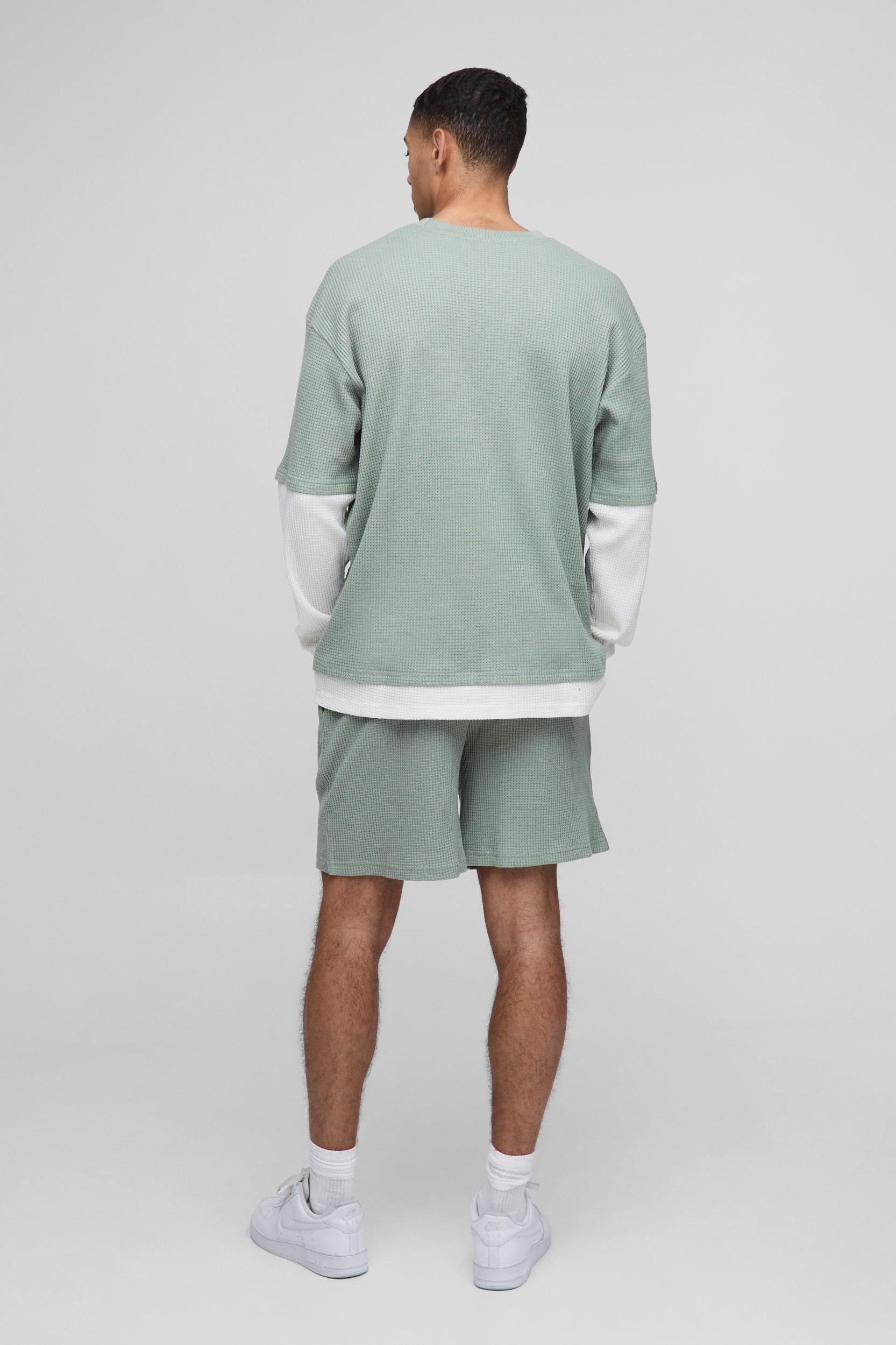 Oversized Faux Sleeve Waffle Print T-Shirt | boohooMAN USA Product Image