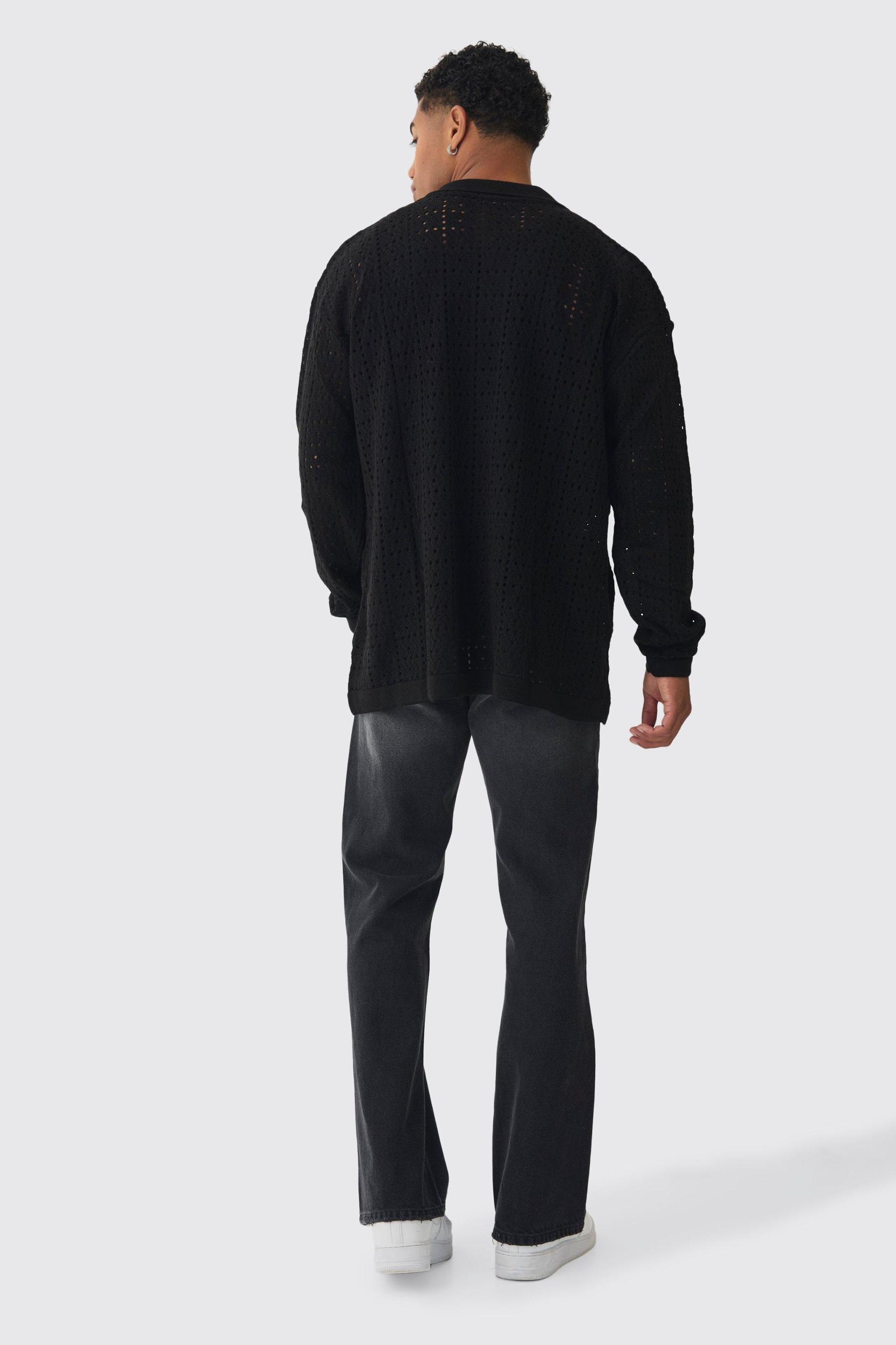 Oversized Long Sleeve Crochet Knitted Shirt | boohooMAN USA Product Image