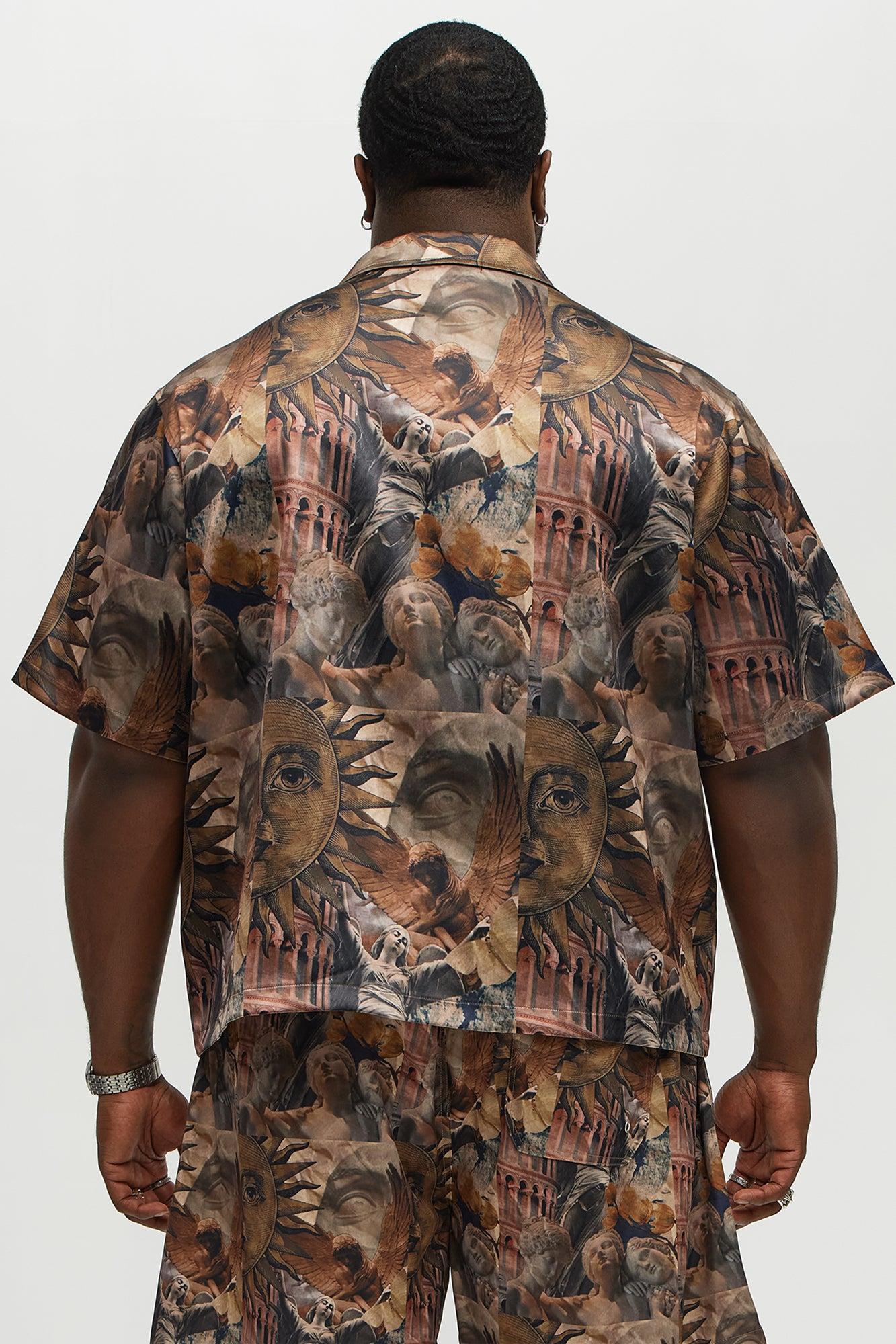 Celestial Glory Cuban Collar Short Sleeve Shirt - Brown Combo Male Product Image