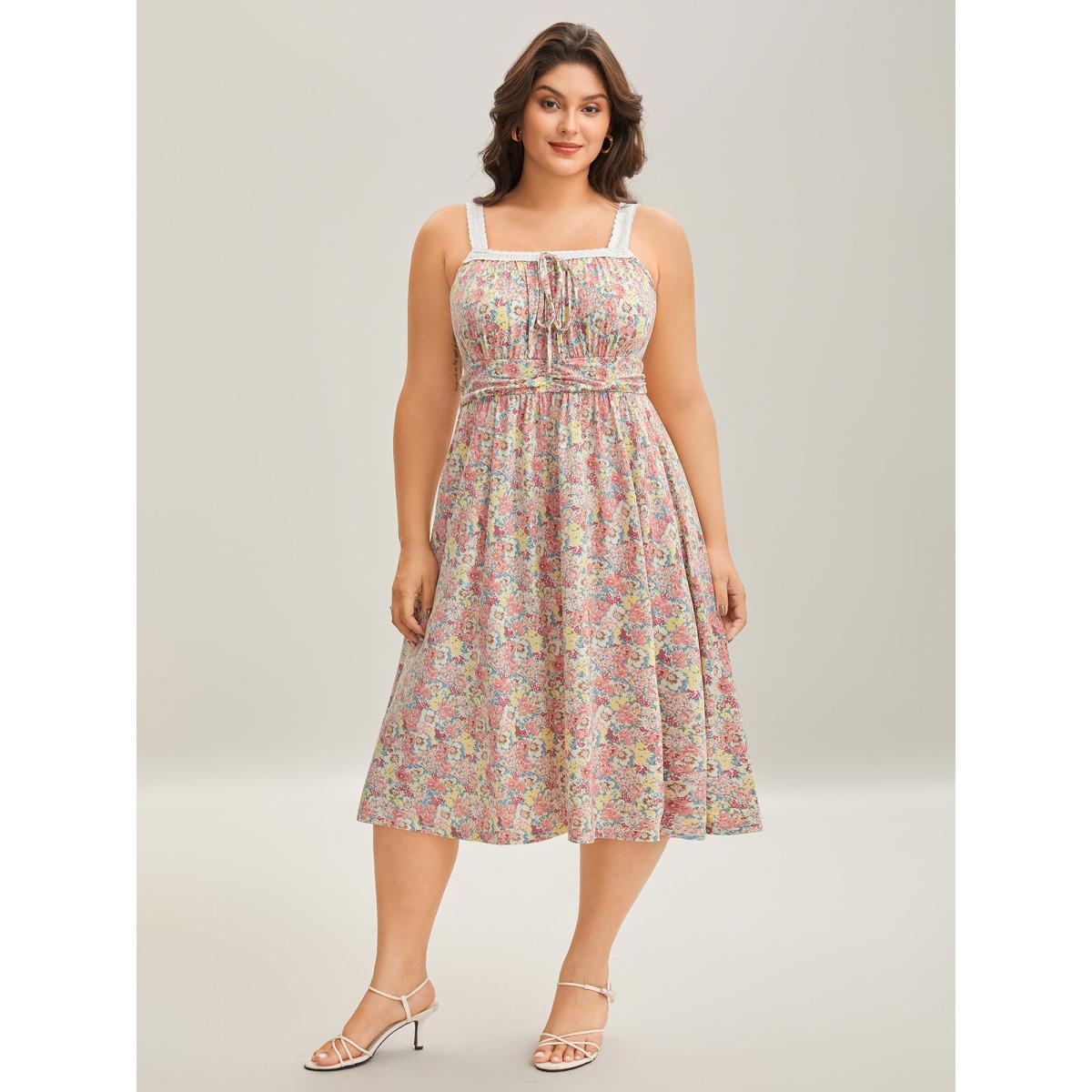 Plus Size Lace Neck Pleated Waist Pockets Midi Dress Multicolor Women Knit Dresses Bloomchic 30/6X Product Image