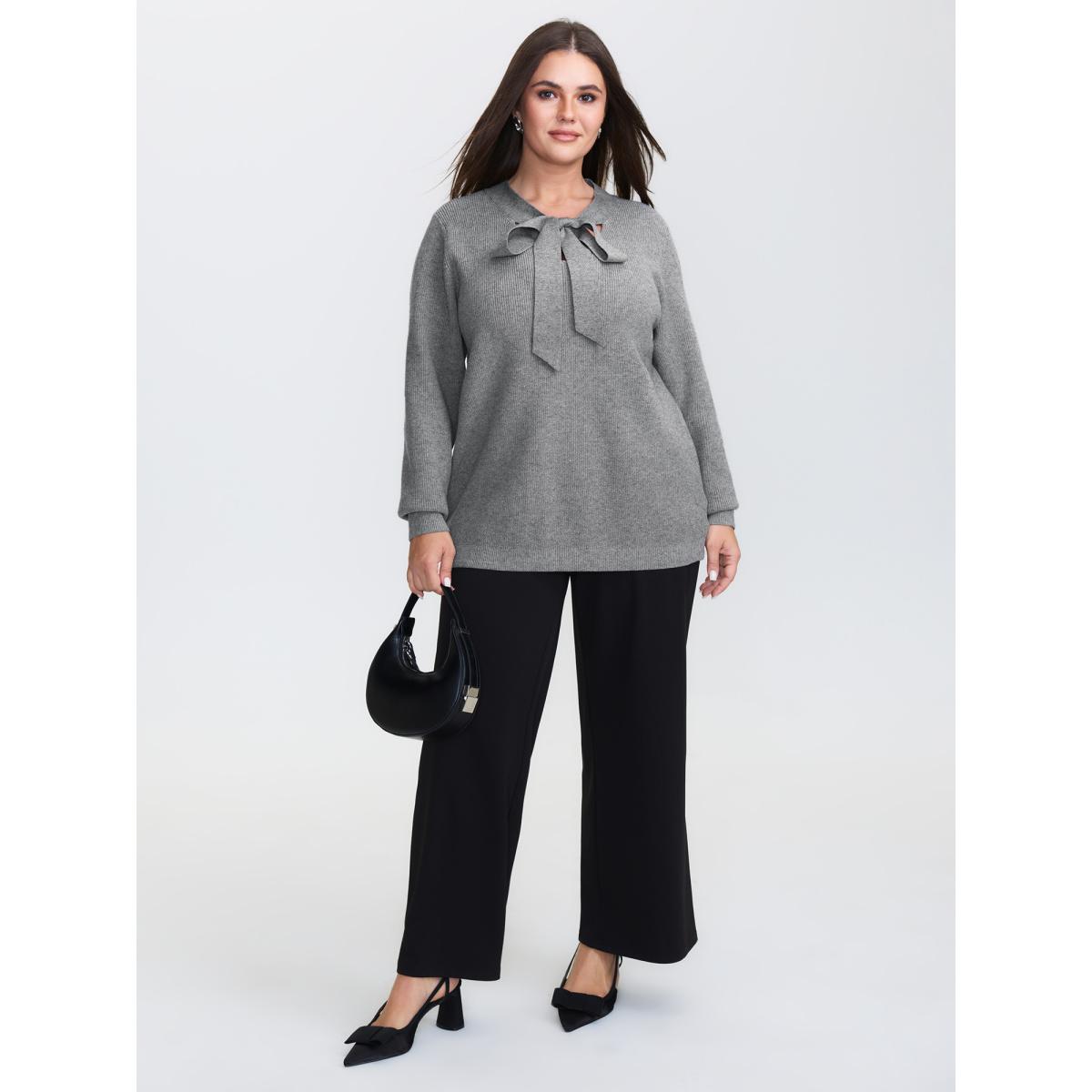 Plus Size Supersoft Bowknot Neckline Ribbed Cut-Out Pullover DarkGray Women Office Long Sleeve Ribbon-tied collar Office Pullovers BloomChic 18-20/2X Product Image