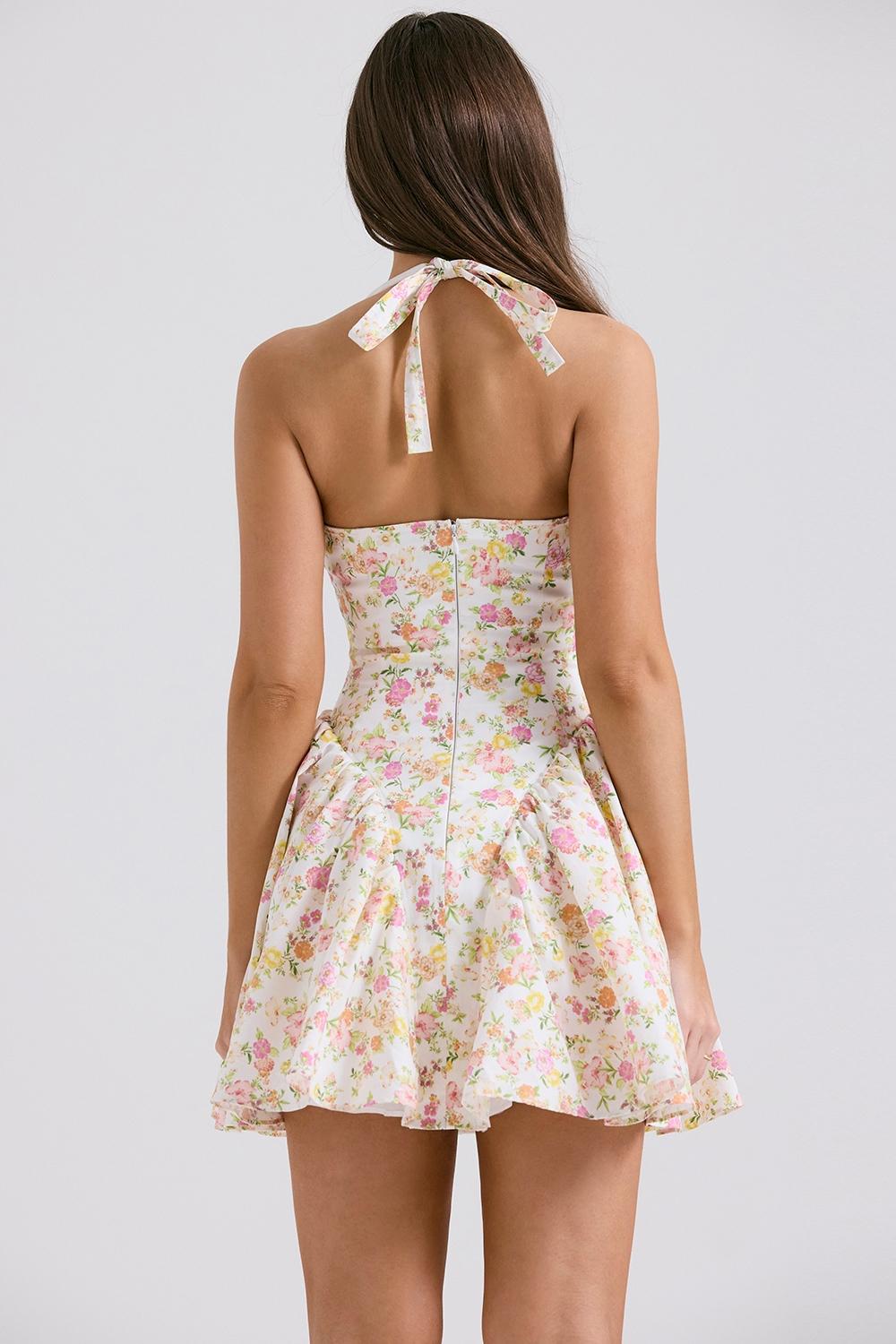Valentia  ivory meadow print cotton halter mini dress Product Image