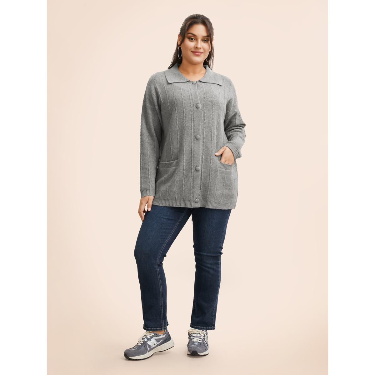 Plus Size Plain Textured Polo Neck Pocket Cardigan Mediumgray Women Casual Loose Long Sleeve Everyday Cardigans BloomChic 14-16/1X Product Image