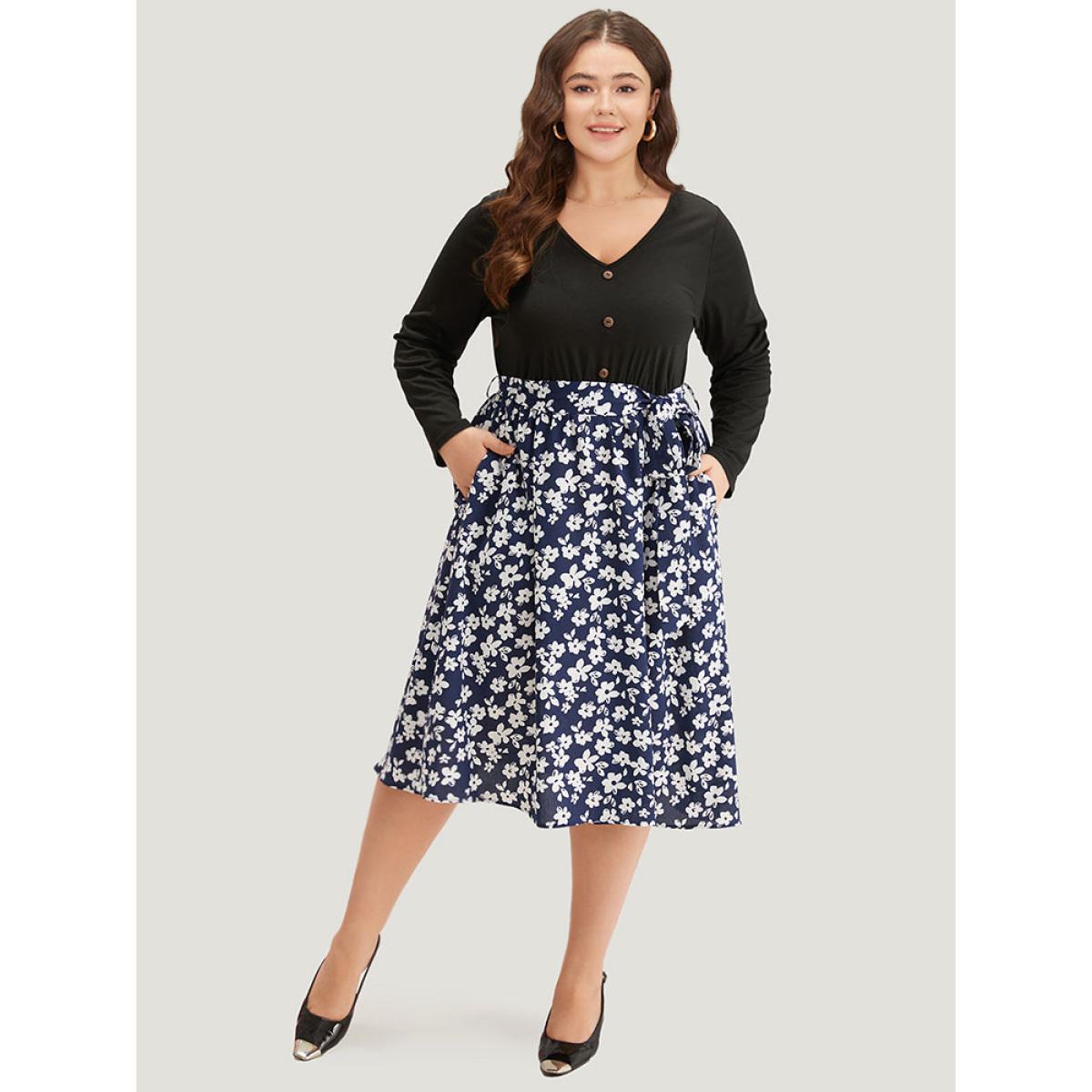 Plus Size Silhouette Floral Print Belted Button Detail Dress Navy Women Office Printed V-neck Long Sleeve Curvy Midi Dress BloomChic 10/M Product Image