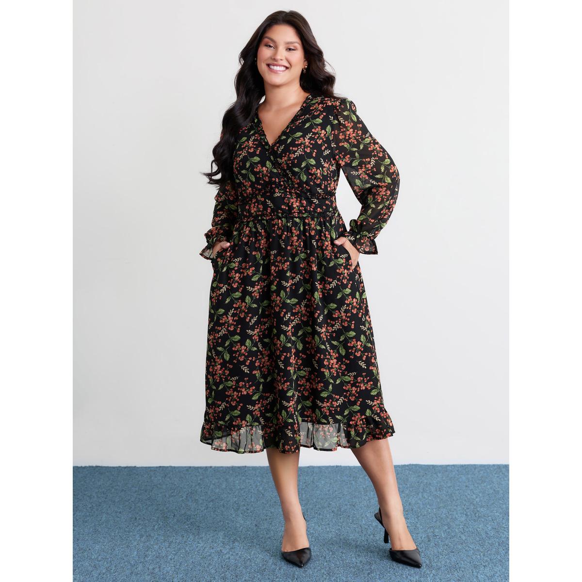 Plus Size Chiffon Floral Ruffled Trim Pockets Midi Dress Black Women Romantic Overlapping Overlap Collar Long Sleeve Curvy BloomChic 10/M Product Image